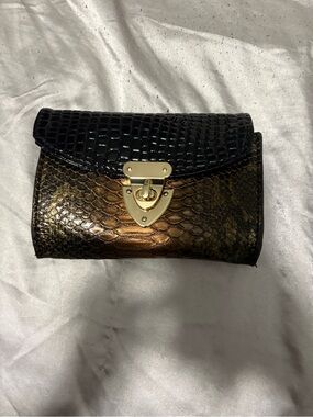 Black and Bronze Faux-Snake Clutch with Gold Lock